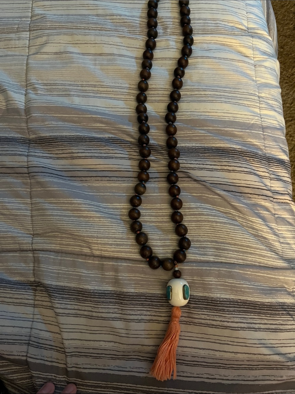 Beaded Wood Prayer Necklace with Coral Tassel